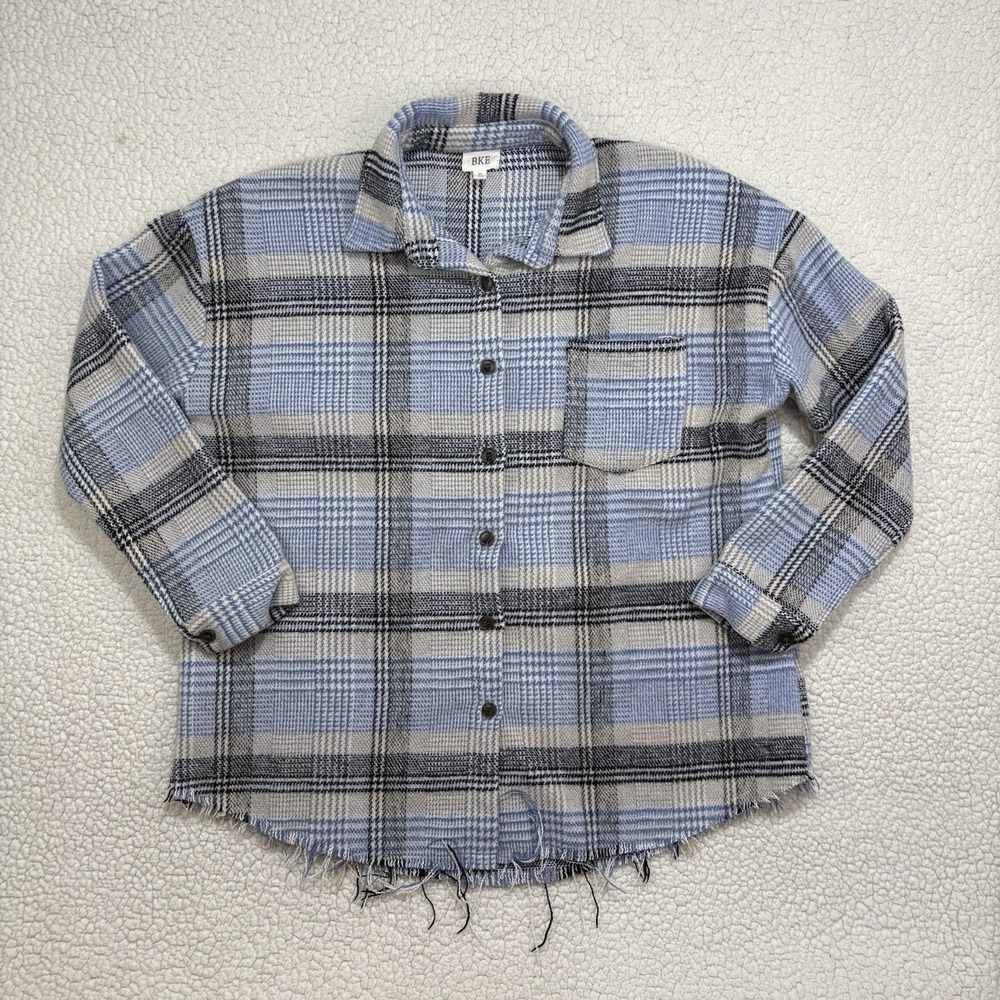 Buckle BKE Blue Plaid Heavy Flannel Oversized Shacket Frayed Raw Hem Sz M Jacket